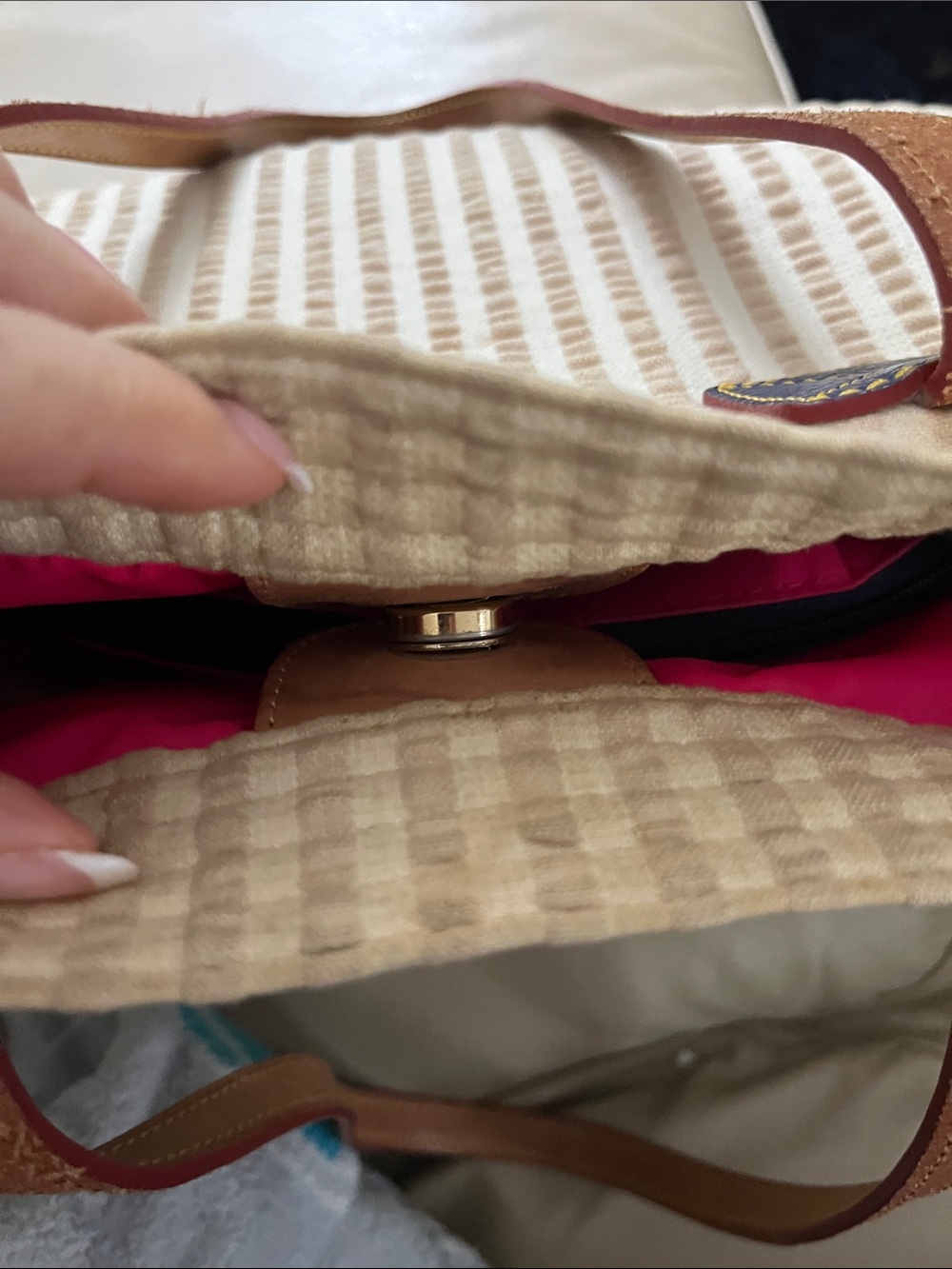 DOONEY&BOURKE VINTAGE Cream Tote with Brown Leather Straps and Navy Accents - Picture 7 of 10